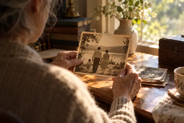 Sorgfältig bewahrtes altes Familienfoto auf einem Schreibtisch im sanften Fensterlicht.