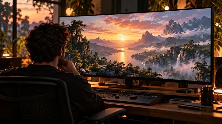 Filmeditor, der auf einem Breitbildschirm ein leuchtendes animiertes Landschaftsbild begutachtet.
