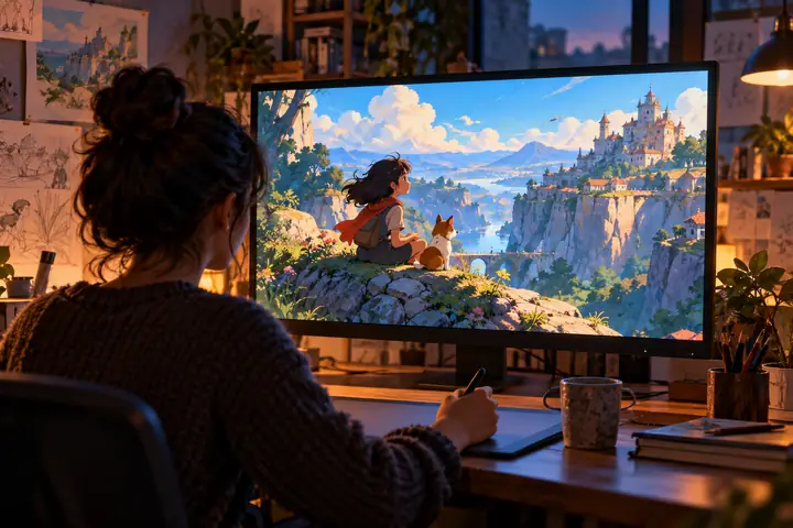 Lebendiges, handgezeichnetes Animationsbild auf dem Monitor eines Editors in einem sanft beleuchteten Arbeitsbereich.