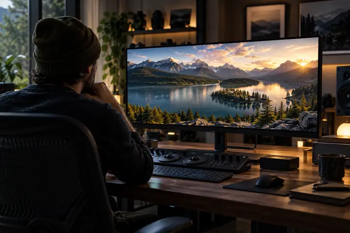 Moderner Videoschnittplatz mit einem Monitor, der detailreiche Landschaftsaufnahmen in einem ruhigen Studio zeigt.