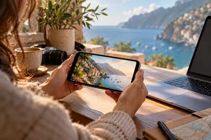 Smartphone mit einem leicht komprimierten Reisevideo neben einem Laptop bei natürlichem Tageslicht.