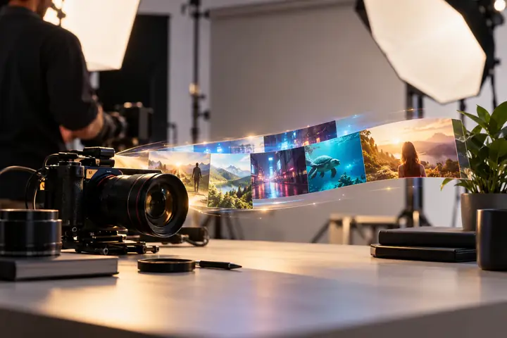 Aufgeräumtes Setup für E-Commerce-Produktfotografie mit kleinen Objekten, Softboxen und neutralen Hintergründen.
