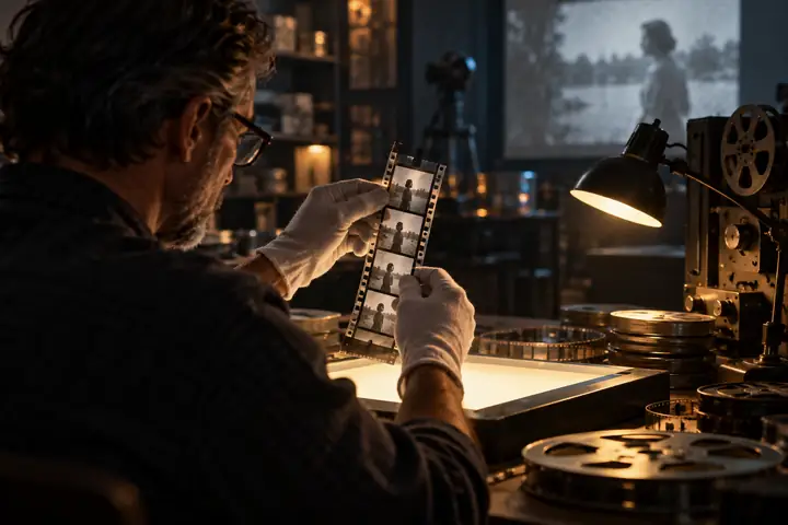 Restaurierungsexperte, der an einem Schreibtisch bei gedämpftem, filmischem Licht ein historisches Filmbild untersucht.