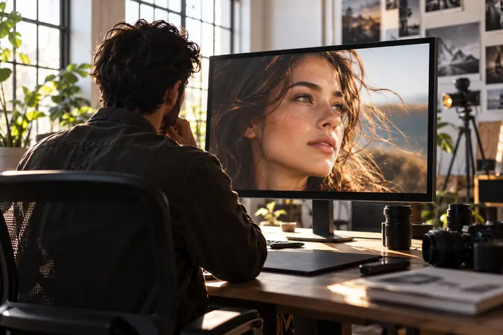 Fotograf, der in einem hellen Kreativstudio ein detailreiches Porträt auf einem großen Monitor begutachtet.
