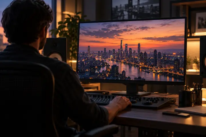 Videoeditor, der in einem ruhigen Schnittraum eine Stadtaufnahme in der Abenddämmerung auf einem professionellen Monitor betrachtet.