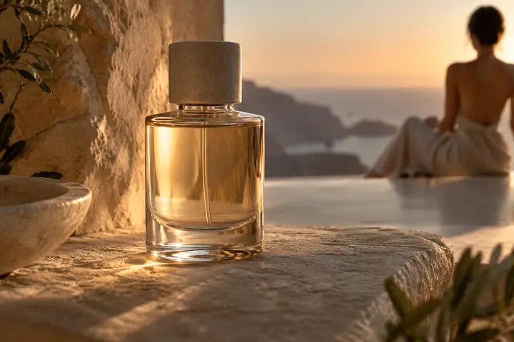 Minimalistisches Produktfoto einer Hautpflegeflasche aus Glas vor einem warmen, neutralen Hintergrund.